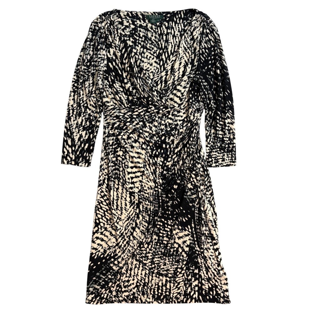 Lauren Ralph Lauren Black White Abstract Print Ruched Faux Wrap Dress Size 6